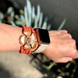 Sage Gray Apple Watch Band by Juxli Home.  Handmade, stylish leather strap with rose gold hardware on a 40mm Apple watch on a canvas with a black and gray painting.