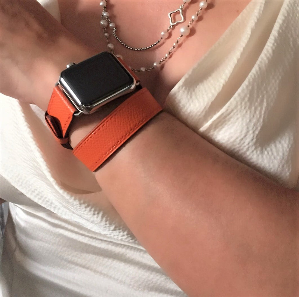 Ladies Fire Orange Double Wrap Apple Watch Leather Band