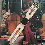 Ivory Apple Watch Double Buckle Cuff by Juxli Home.  Handmade, stylish leather strap with rose gold hardware on a 40mm Apple watch on a canvas with a black and gray painting.