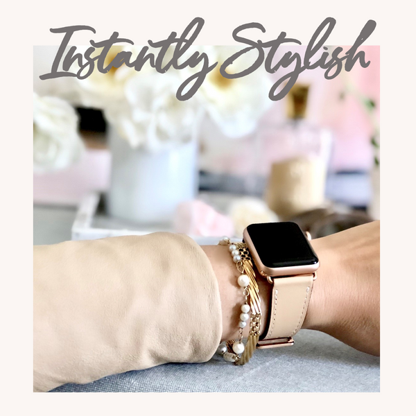 Juxli Home Blush Rose Single Tour Leather Apple Watch Band on Woman wearing pink leather jacket