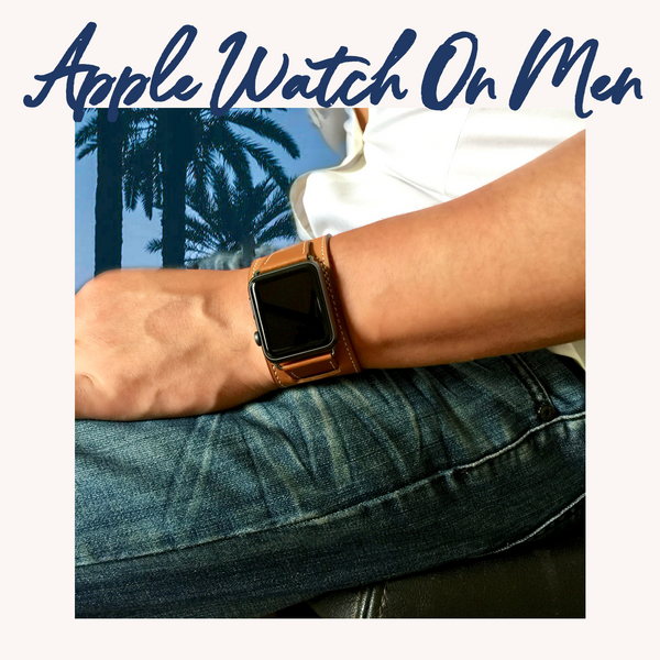 Juxli Home Brown Apple Watch Leather Replacement Cuff  Worn by Man with White Shirt and Jeans