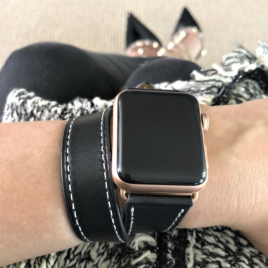Jet Black Double Wrap Apple Watch Leather Band with White Stitching