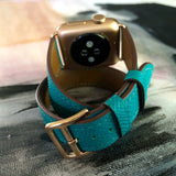 Ladies Sea Green Double Wrap Apple Watch Leather Band by Juxli Home.  Handmade, stylish leather strap with rose gold hardware on a 40mm Apple watch on a canvas with a black and gray painting.
