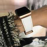 Textured White Apple Watch Band by Juxli Home.  Handmade, stylish leather strap with rose gold hardware on a 40mm Apple watch on a canvas with a black and gray painting.