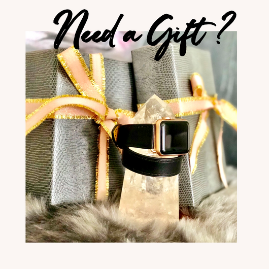 Juxli Home Gift Card by Juxli Home.  Handmade, stylish leather strap with rose gold hardware on a 40mm Apple watch on a canvas with a black and gray painting.